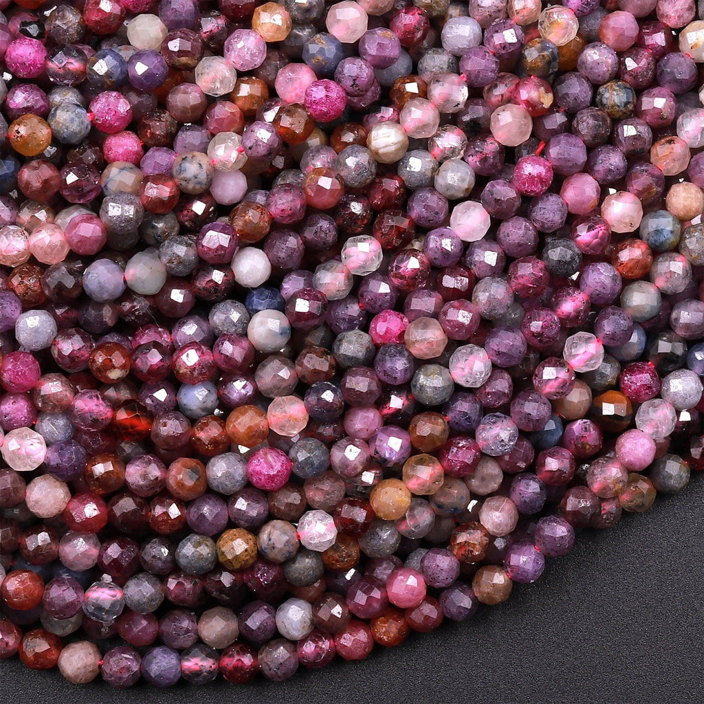 Natural Multicolor Sapphire Faceted 3mm Round Beads Red Pink Blue Purple Gemstone 15.5" Strand