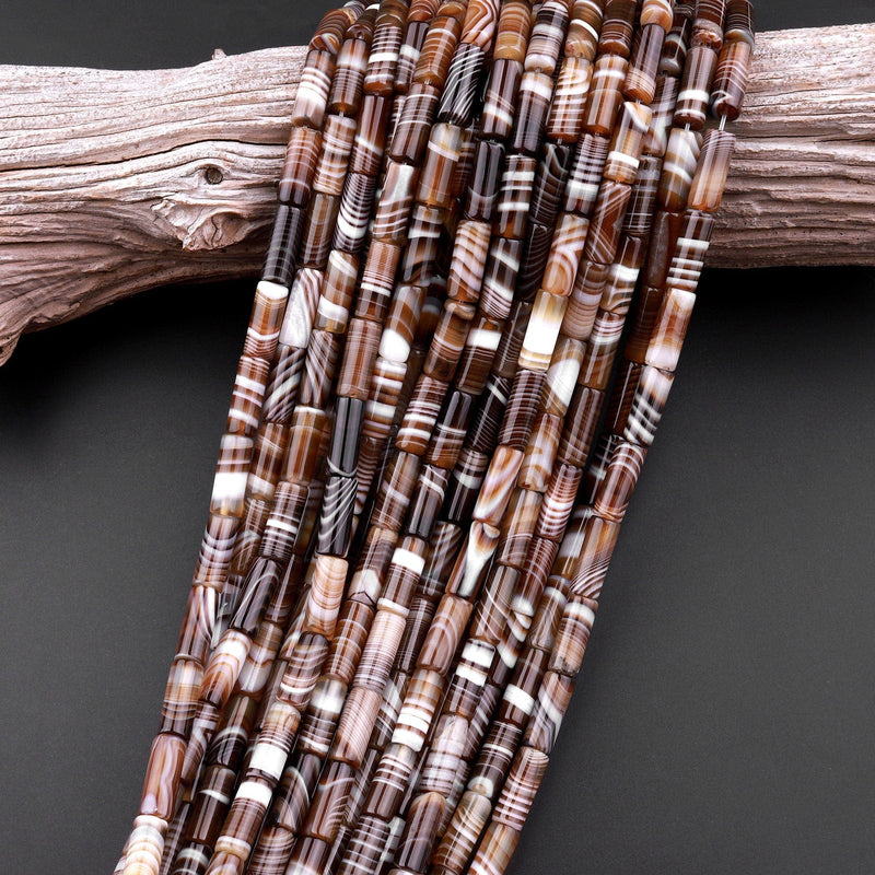 Natural Tibetan Agate Beads Highly Polished Smooth Long Tube Cylinder Amazing Veins Bands Stripes Brown White Agate 15.5" Strand