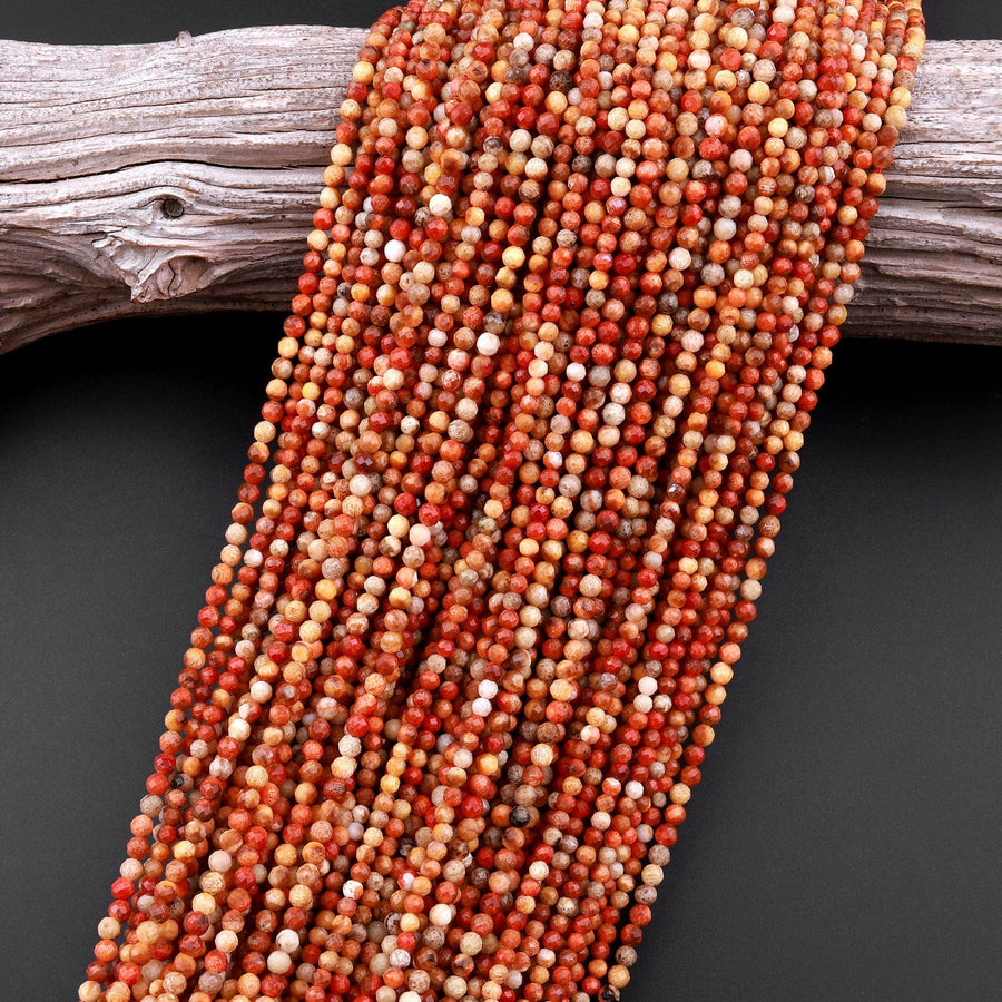 Micro Faceted Natural Golden Orange Red Fossil Coral  2mm 3mm 4mm Round Beads Laser Diamond Cut Gemstone 15.5" Strand