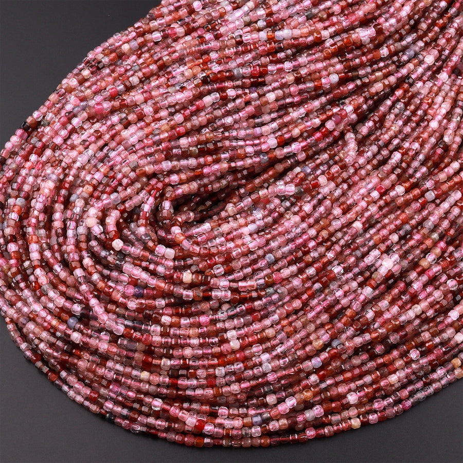 Real Genuine Natural Red Pink Spinel Faceted Cube Beads 2mm 3mm Multicolor Gemstone 15.5" Strand