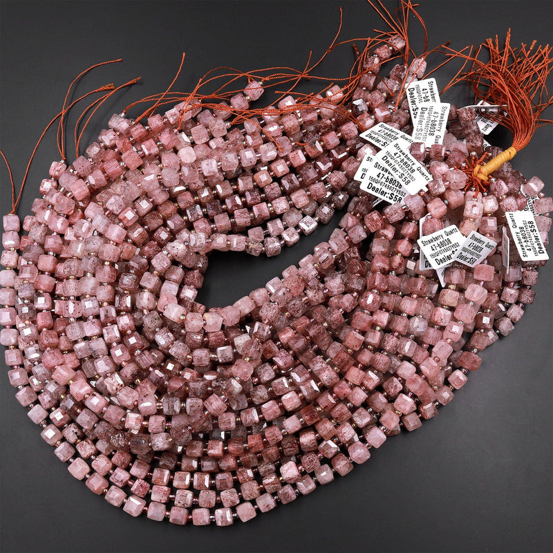 Natural Strawberry Quartz Faceted 8mm Dice Cube Square Beads 15.5" Strand