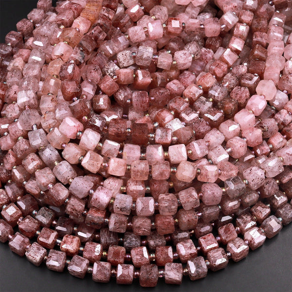 Natural Strawberry Quartz Faceted 8mm Dice Cube Square Beads 15.5" Strand