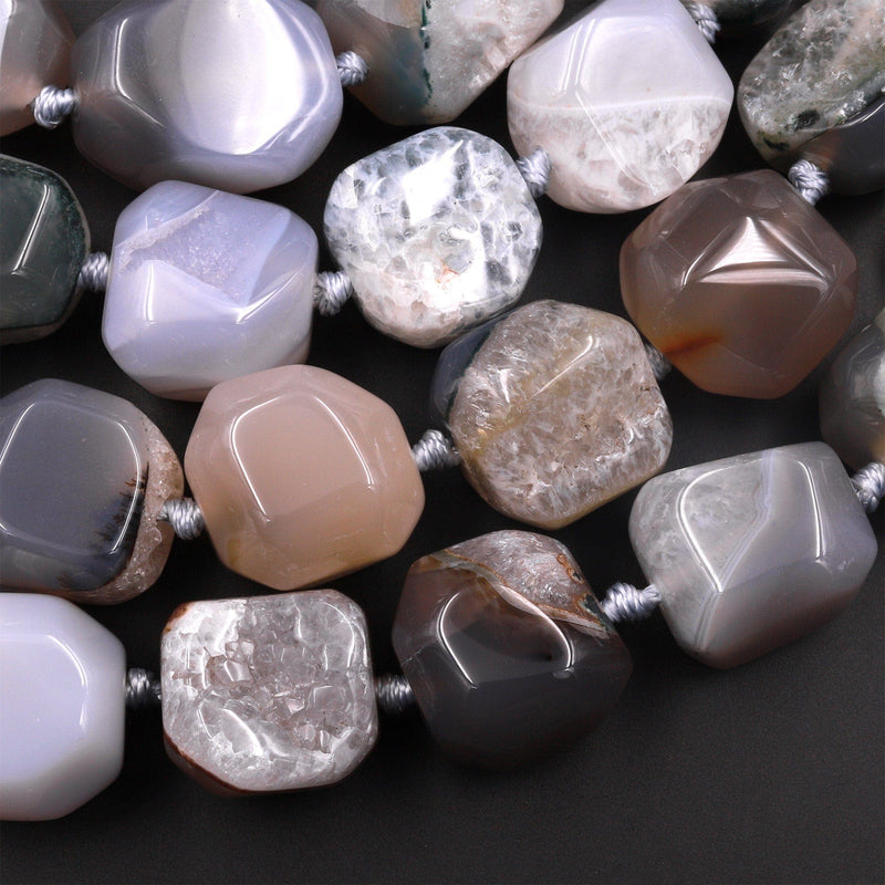 Rare Natural Phantom Agate Beads Large Faceted Cube Square Earthy Gray Crystal Druzy Gemstone 15.5" Strand