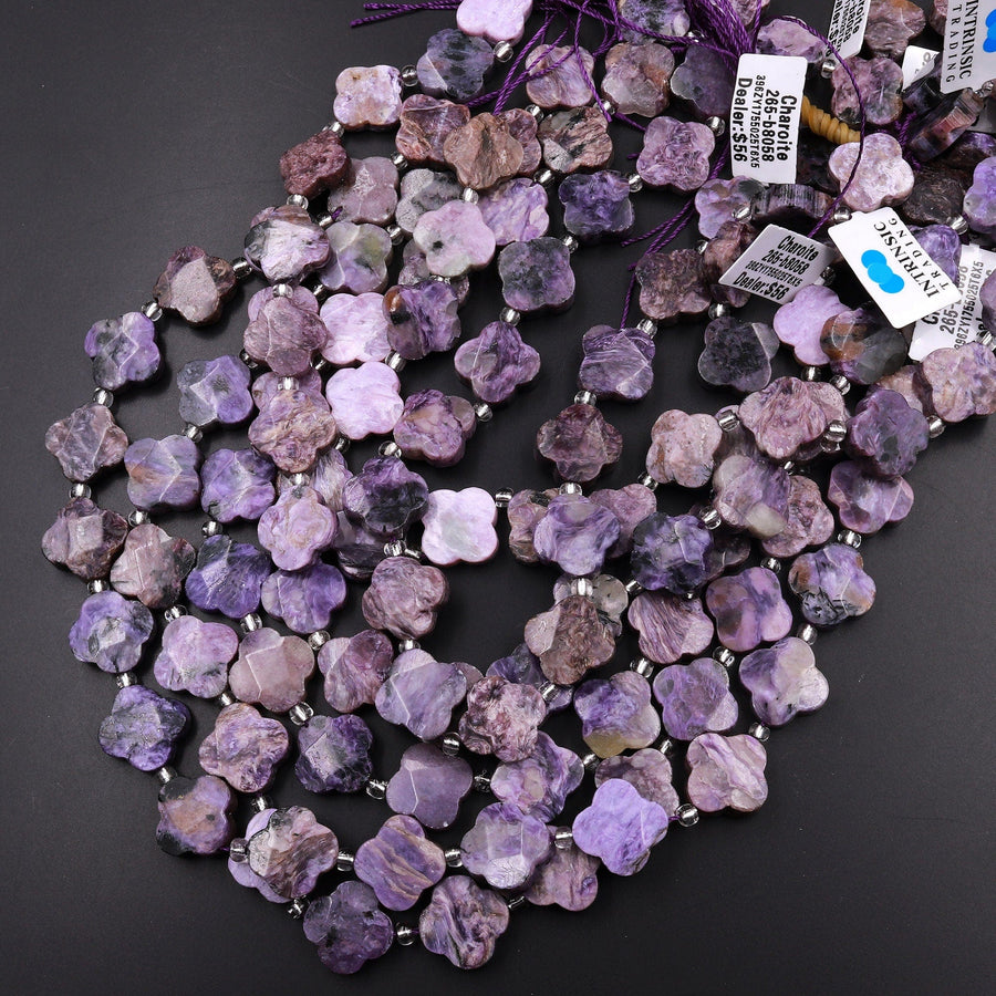 Natural Russian Purple Charoite 4 Four Leaf Clover Beads Hand Carved Flower Gemstone 15.5" Strand