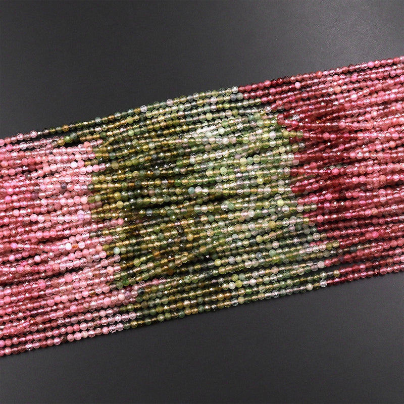 AAA Natural Multicolor Pink Green Tourmaline Micro Faceted 2mm Round Gemstone Beads 15.5" Strand