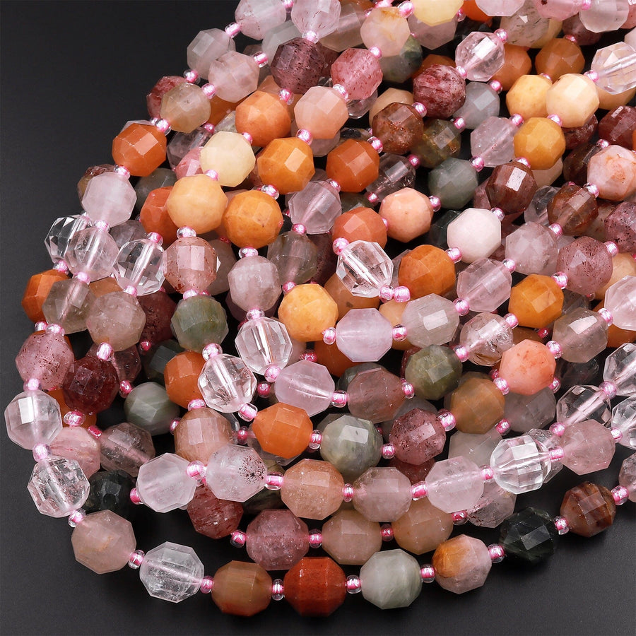 Mixed Multicolor Natural Gemstone Quartz Faceted Prism Cut 10mm Round Beads Double Terminated Points 15.5" Strand
