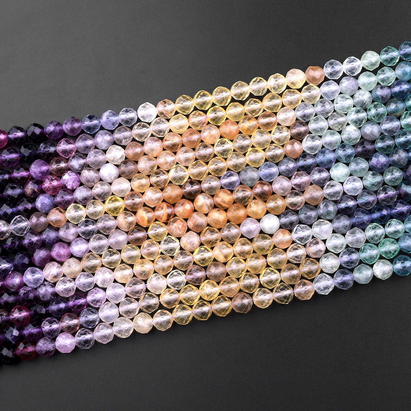AAA Natural Multicolor Rainbow Fluorite Faceted 6mm Round Beads Golden Yellow Purple Green Shaded 15.5" Strand