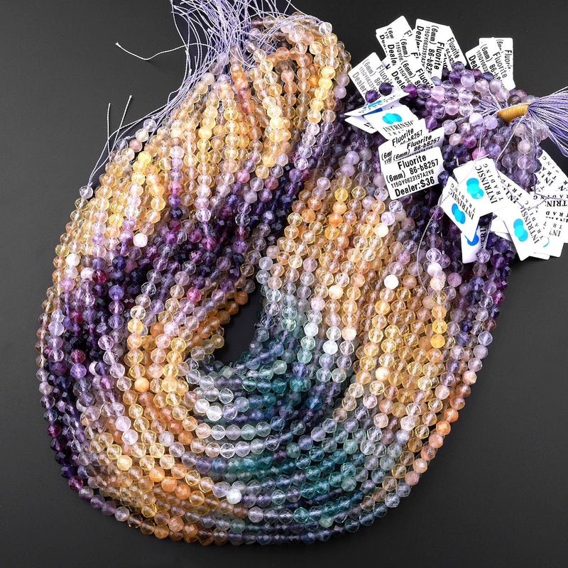AAA Natural Multicolor Rainbow Fluorite Faceted 6mm Round Beads Golden Yellow Purple Green Shaded 15.5" Strand