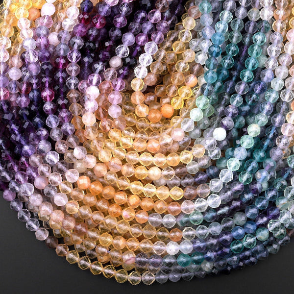AAA Natural Multicolor Rainbow Fluorite Faceted 6mm Round Beads Golden Yellow Purple Green Shaded 15.5" Strand