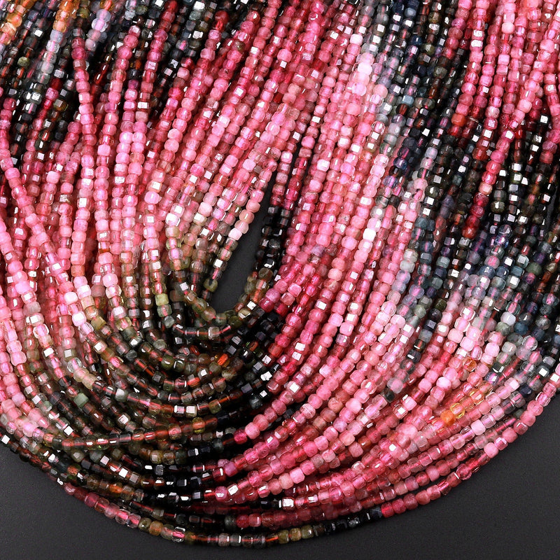 AAA Natural Multicolor Tourmaline Faceted 2mm 3mm Cube Square Dice Beads Gemstone 15.5" Strand