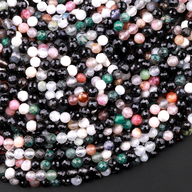 Micro Faceted Multicolor Gemstone Round Beads 4mm Black Spinel White Jade Moonstone Green Pink Laser Diamond Cut Gemstone 15.5" Strand