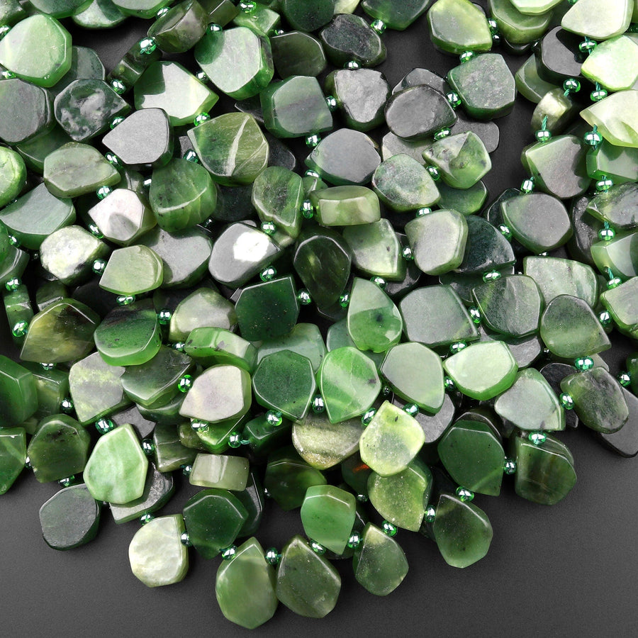 Natural Canadian Green Jade Beads Flat Freeform Teardrop Gemstone 15.5" Strand