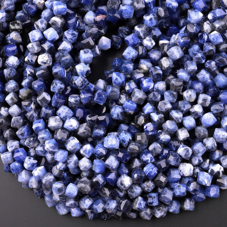 Natural Blue Sodalite Faceted 6mm Cube Square Dice Beads Diagonally Drilled 15.5" Strand