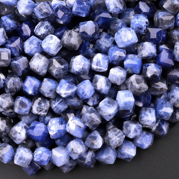 Natural Blue Sodalite Faceted 6mm Cube Square Dice Beads Diagonally Drilled 15.5" Strand
