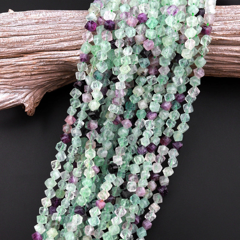 Natural Fluorite Faceted 6mm Cube Square Dice Beads Diagonally Drilled 15.5" Strand