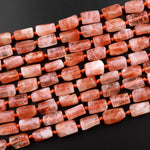 Fiery Natural Sunstone Tube Beads Orange Red Feldspar Gemstone 15.5" Strand