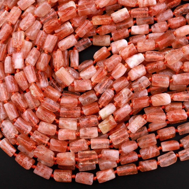 Fiery Natural Sunstone Tube Beads Orange Red Feldspar Gemstone 15.5" Strand