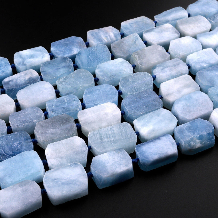 Matte Chiseled Raw Blue Aquamarine Rectangle Beads Hand Cut Gemstone 15.5" Strand