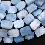 Matte Chiseled Raw Blue Aquamarine Rectangle Beads Hand Cut Gemstone 15.5" Strand