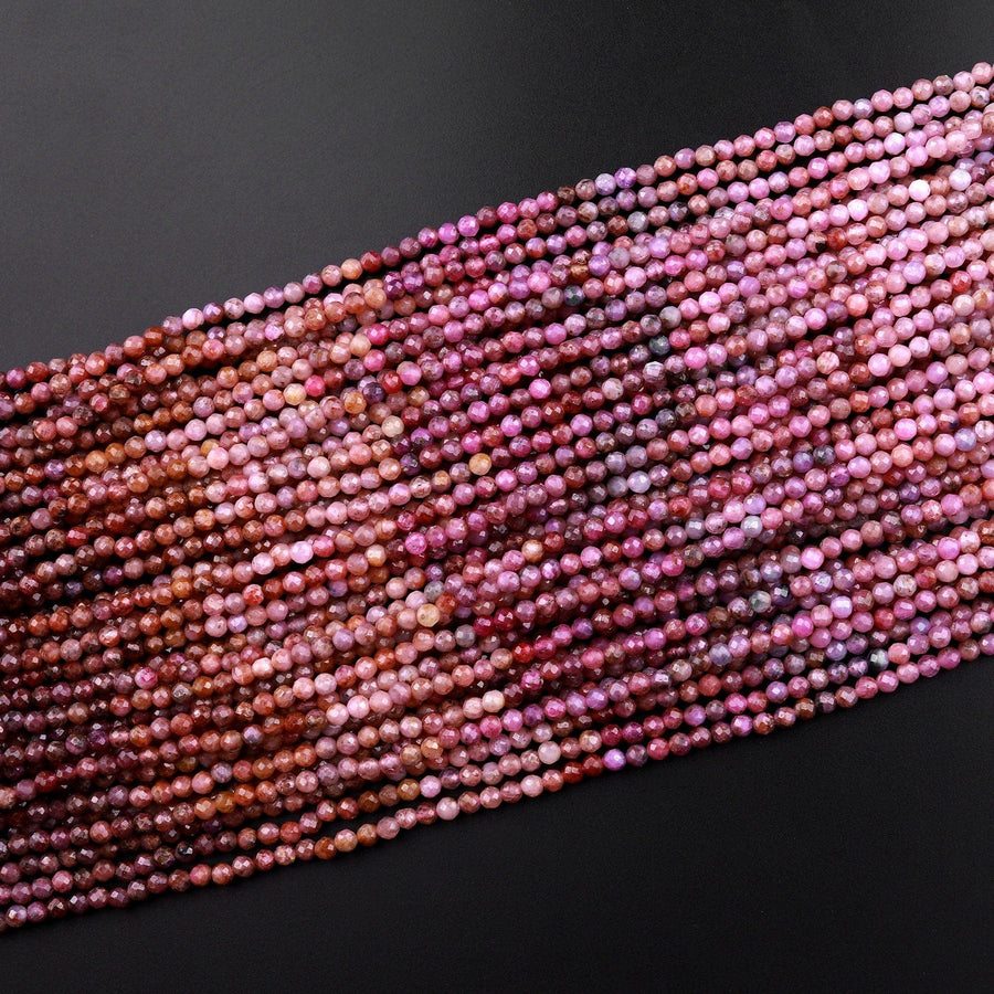 Genuine Natural Red Pink Ruby Gemstone Micro Faceted 2mm 3mm Round Beads 15.5" Strand