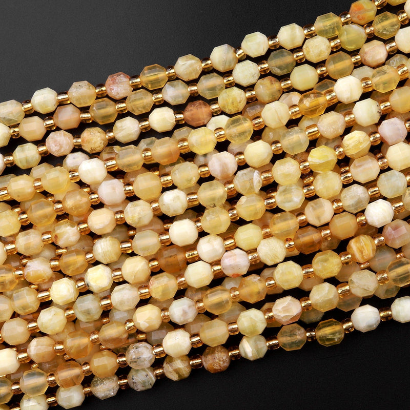 AAA Natural Yellow Opal 6mm Beads Rounded Faceted Energy Prism Double Point Cut 15.5" Strand