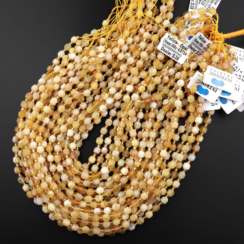 AAA Natural Yellow Opal 6mm Beads Rounded Faceted Energy Prism Double Point Cut 15.5" Strand
