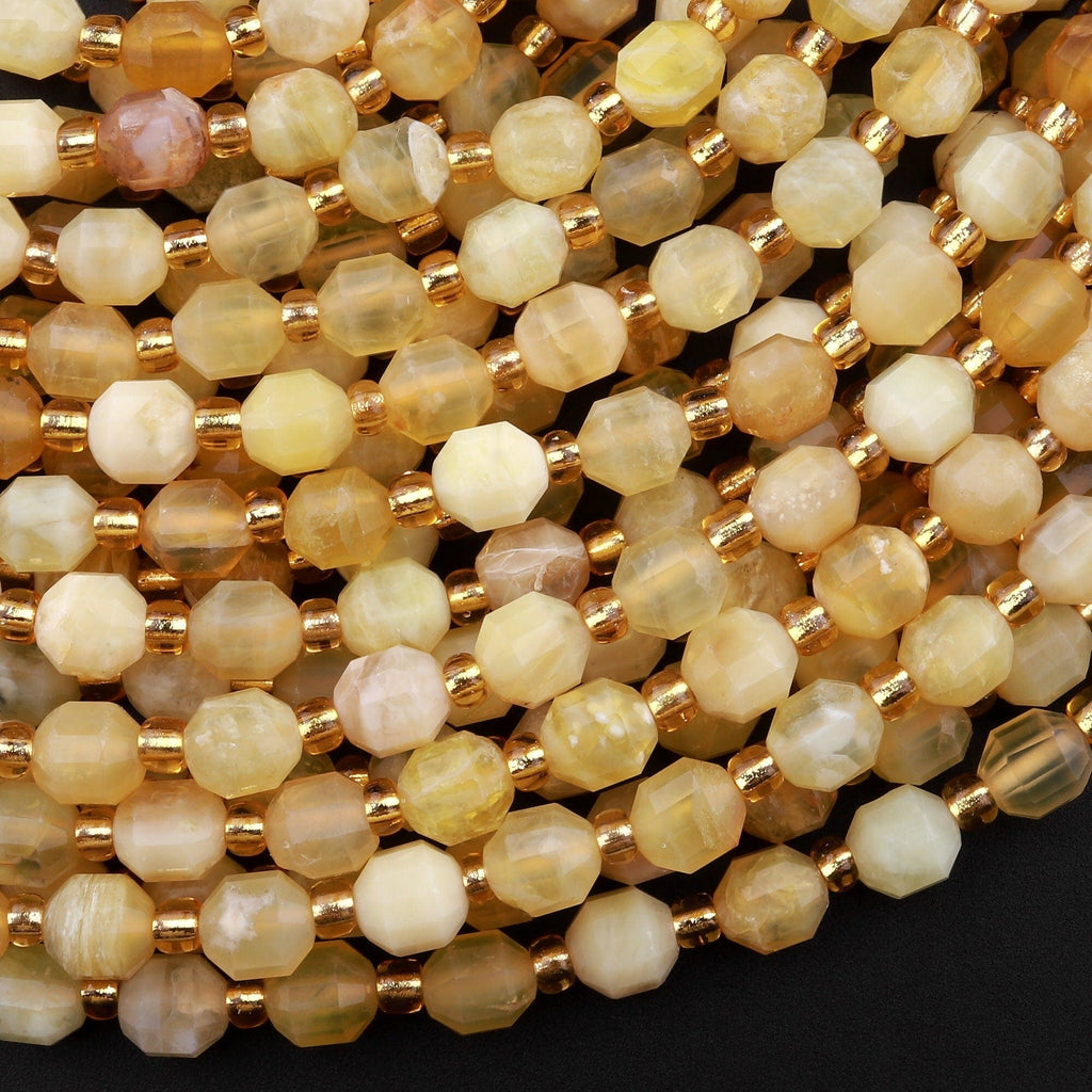 AAA Natural Yellow Opal 6mm Beads Rounded Faceted Energy Prism Double Point Cut 15.5" Strand