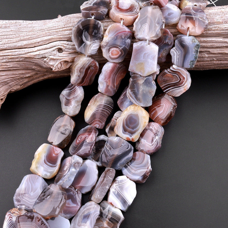Natural Botswana Agate Beads Large Freefrom Slice Irregular Flat Slab Amazing Veins Bands 15.5" Strand