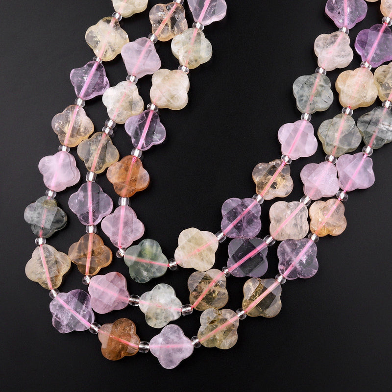 4 Four Leaf Clover Beads Rose Quartz Citrine Prehnite Amethyst Hand Carved Flower Mixed Gemstone 15.5" Strand
