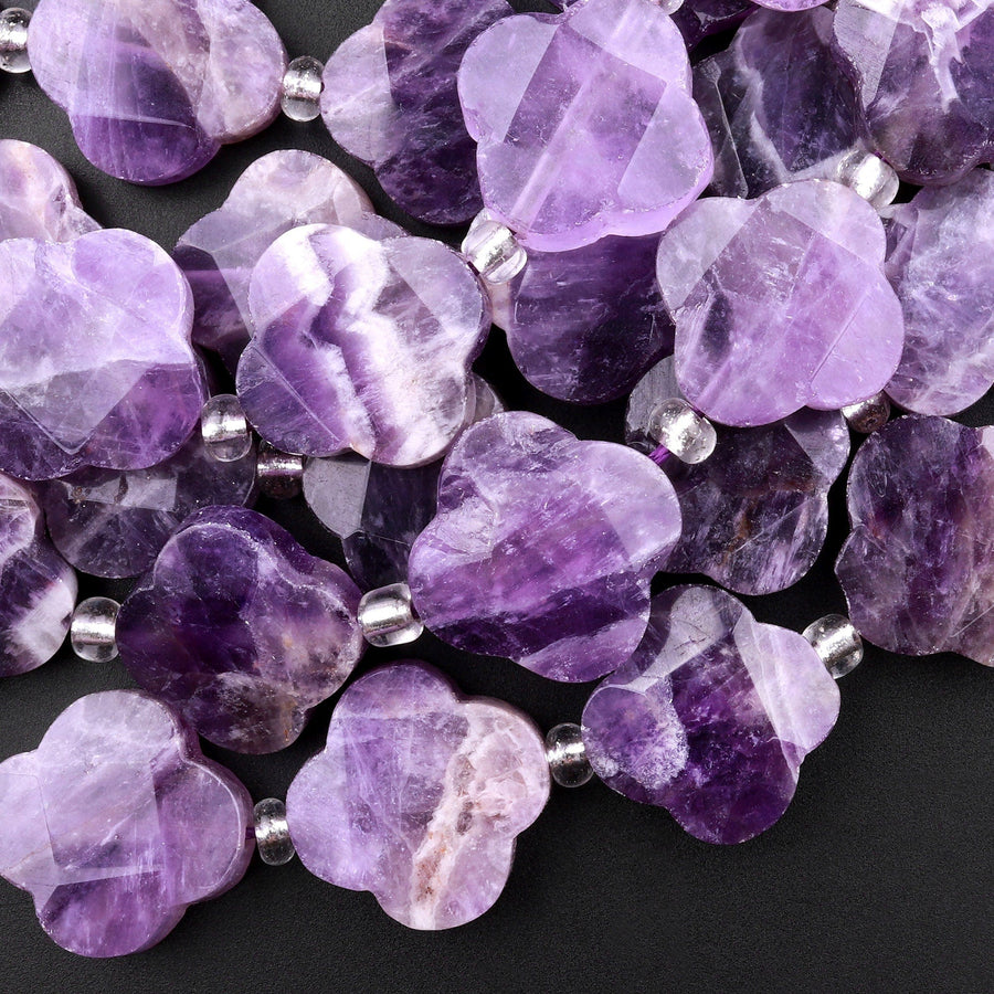 4 Four Leaf Clover Beads Natural Purple Amethyst Hand Carved Flower Gemstone 15.5" Strand