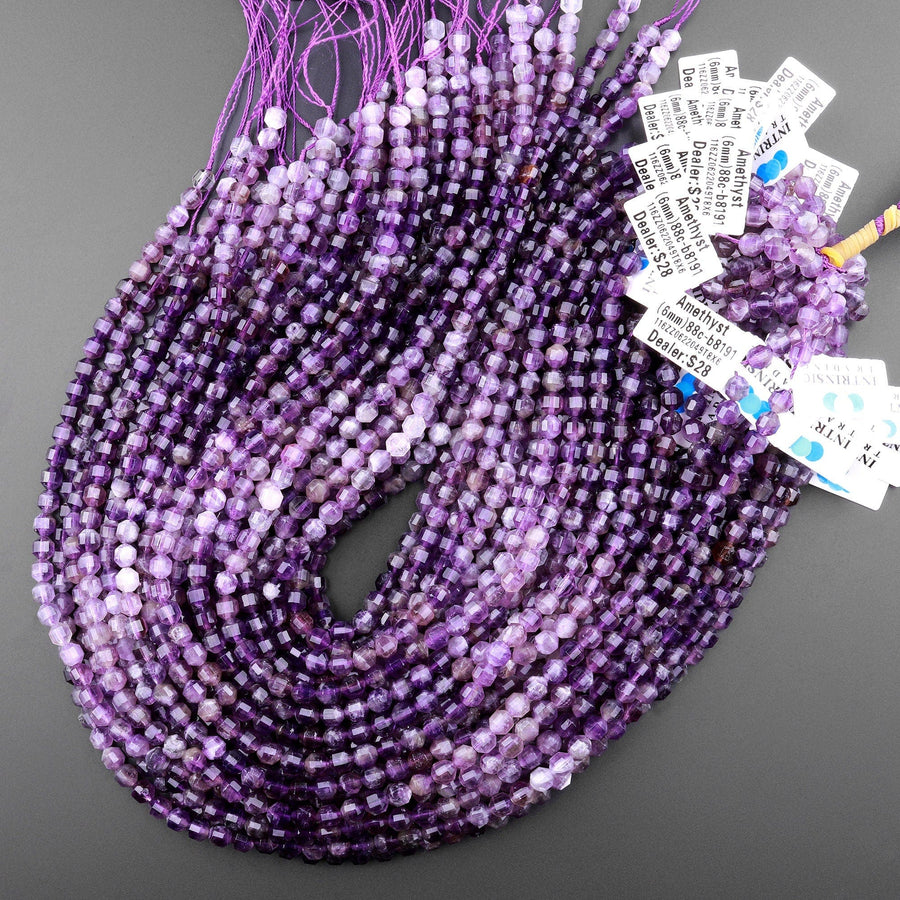 Natural Purple Amethyst 6mm Round Beads Faceted Prism Gemstone 15.5" Strand