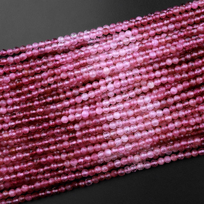 AAA Micro Faceted Natural Pink Tourmaline Faceted  3mm 5mm Round Beads Gradient Shades 15.5" Strand