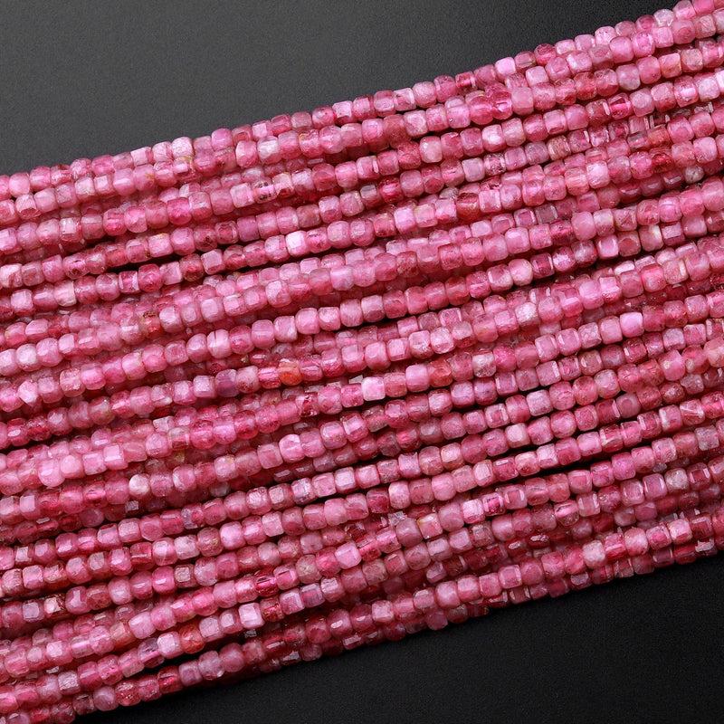 AAA Natural Pink Tourmaline Faceted 2mm 3mm Cube Square Dice Beads Gemstone 15.5" Strand