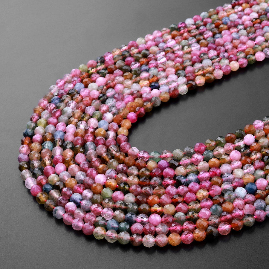 AAA Micro Faceted Natural Multicolor Tourmaline Round Beads 4mm Pink Green Real Genuine Gemstone 15.5" Strand