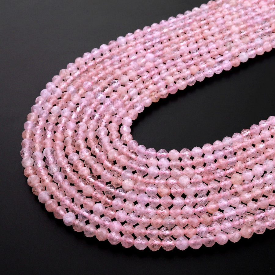 AAA Faceted Pink Morganite 4mm 5mm Round Beads Natural Aquamarine Beryl Gemstone 15.5" Strand