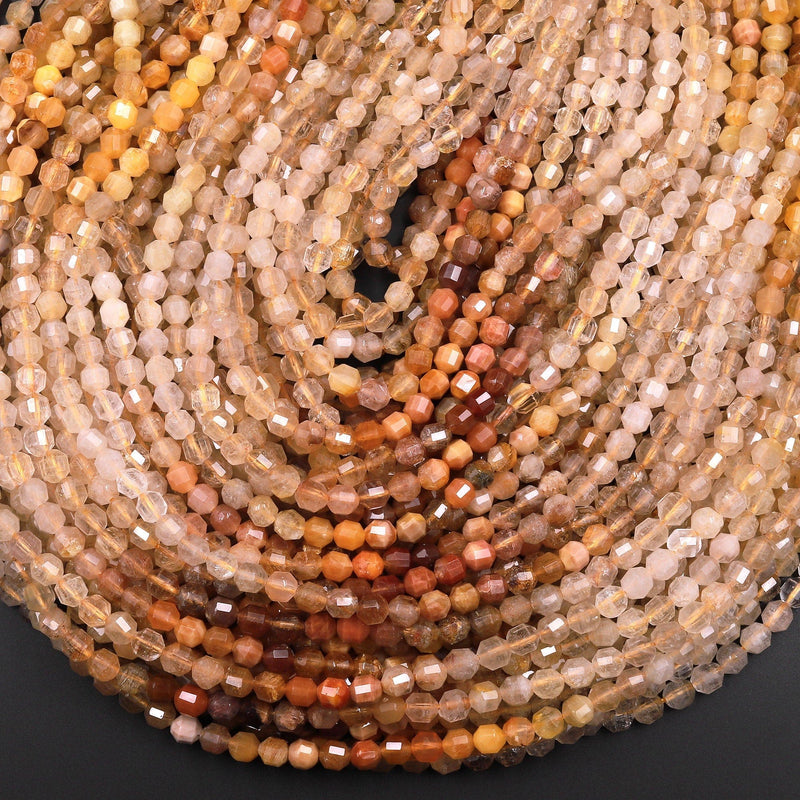 Natural Yellow Hematoid Rutile Quartz 4mm Rounded Prism Beads Multicolor Golden Yellow Shaded Gemstone 15.5" Strand