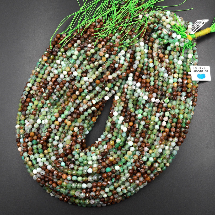 Micro Faceted Natural Brown Green Chrysoprase Faceted Round 4mm Beads Diamond Cut Gemstone Beads 15.5" Strand