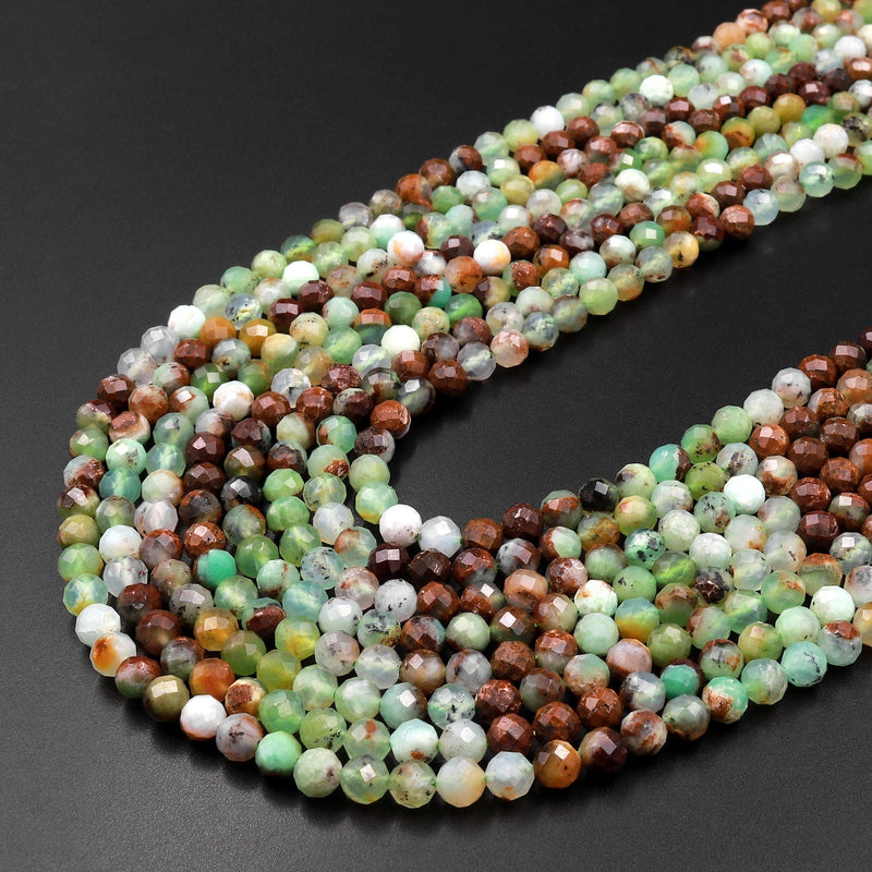 Micro Faceted Natural Brown Green Chrysoprase Faceted Round 4mm Beads Diamond Cut Gemstone Beads 15.5" Strand