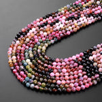 Micro Faceted Natural Multicolor Tourmaline Round Beads 4mm Pink Green Blue Cognac Gradient Shades 15.5" Strand