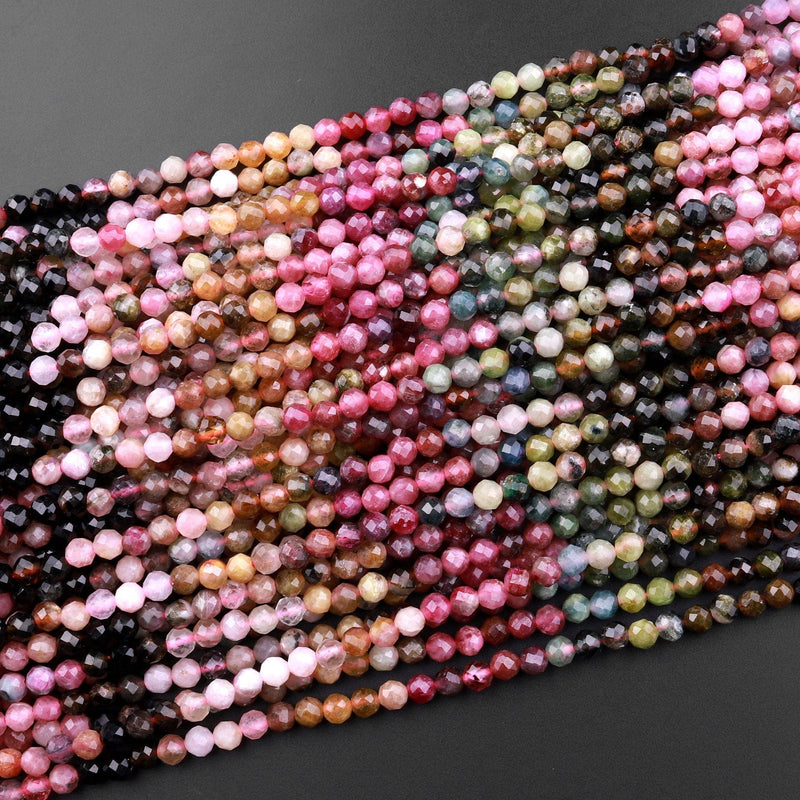 Micro Faceted Natural Multicolor Tourmaline Round Beads 4mm Pink Green Blue Cognac Gradient Shades 15.5" Strand