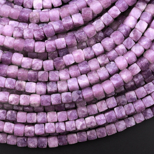 Natural Lilac Purple Lepidolite Faceted 4mm Cube Square Beads 15.5" Strand