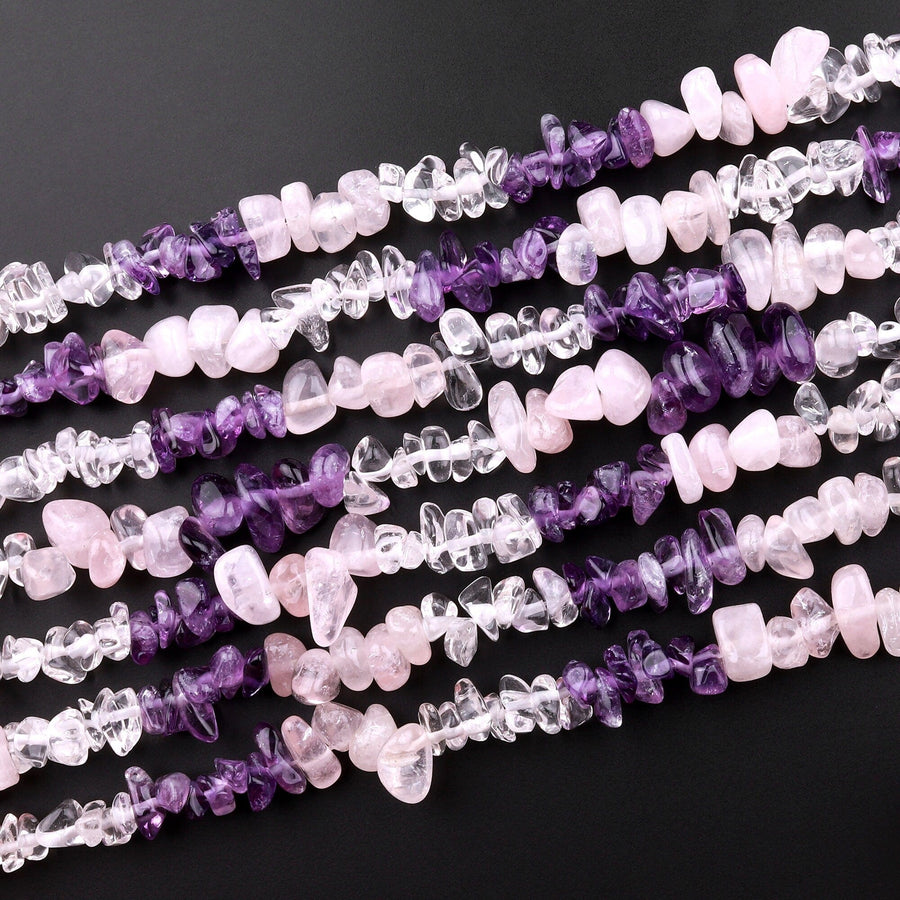 Freeform Mixed Multicolor Gemstone Chip Beads Pink Rose Quartz Purple Amethyst Clear Rock Quartz 15.5" Strand