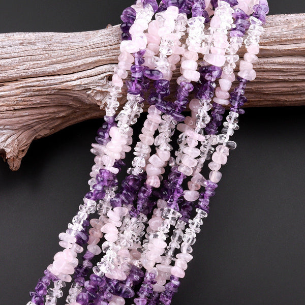 Freeform Mixed Multicolor Gemstone Chip Beads Pink Rose Quartz Purple Amethyst Clear Rock Quartz 15.5" Strand