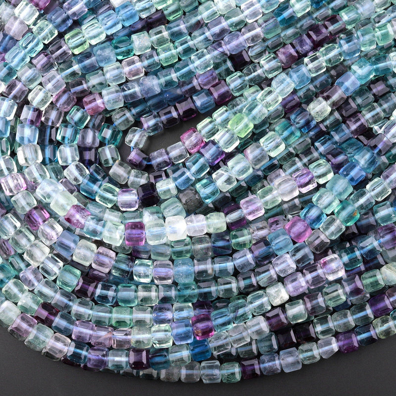 Natural Fluorite Faceted 6mm Cube Square Dice Beads Vibrant Rainbow Purple Blue Green Gemstone 15.5" Strand