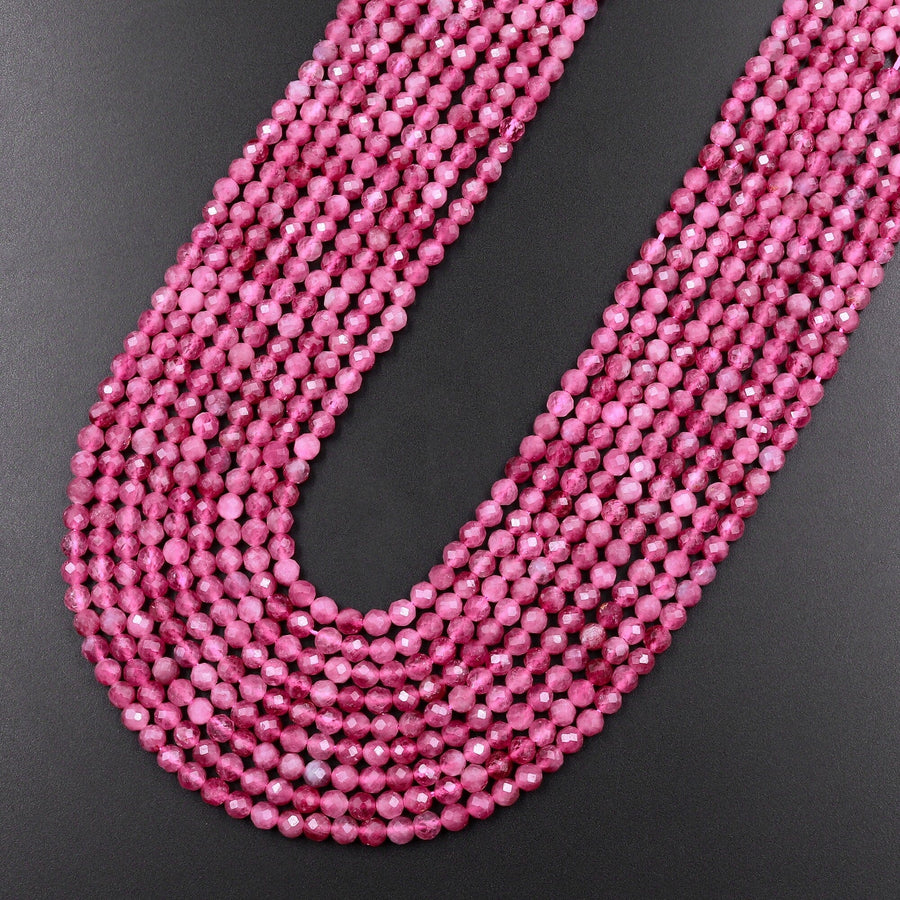 AAA+ Micro Faceted Natural Pink Tourmaline Faceted 3mm 4mm Round Beads Diamond Cut Gemstone 15.5" Strand