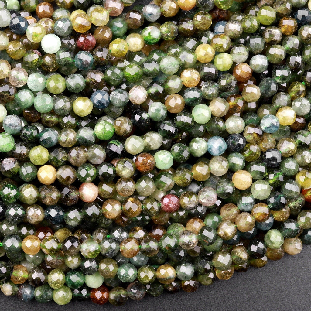 Natural Green Tourmaline Faceted 4mm Round Beads Micro Diamond Cut Gemstone 15.5" Strand