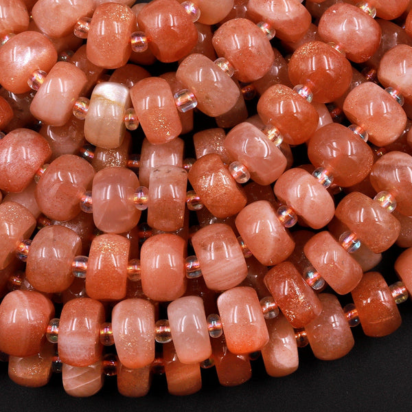 Fiery Natural Sunstone Rondelle Beads 9mm 10mm Thick Wheel Center Drilled Sparkling Golden Feldspar Orange Red Gemstone 15.5" Strand