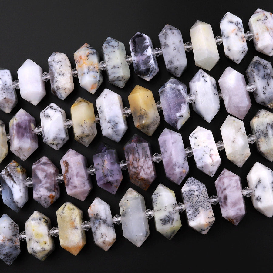 Natural Dendritic Moss Opal Beads Double Terminated Points Gemstone Focal Pendant Bullet 15.5" Strand