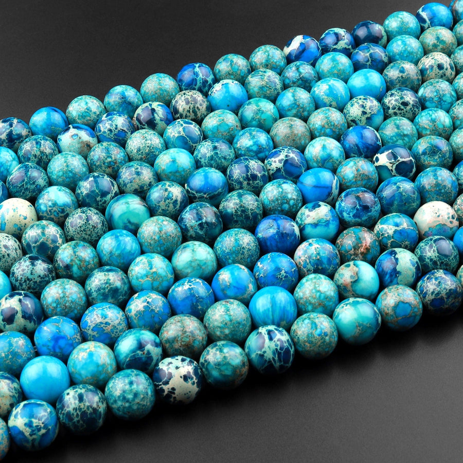 Apatite Blue Sea Sediment Jasper Smooth Round Beads 6mm 8mm 10mm Aka Impression Imperial Jasper 15.5" Strand