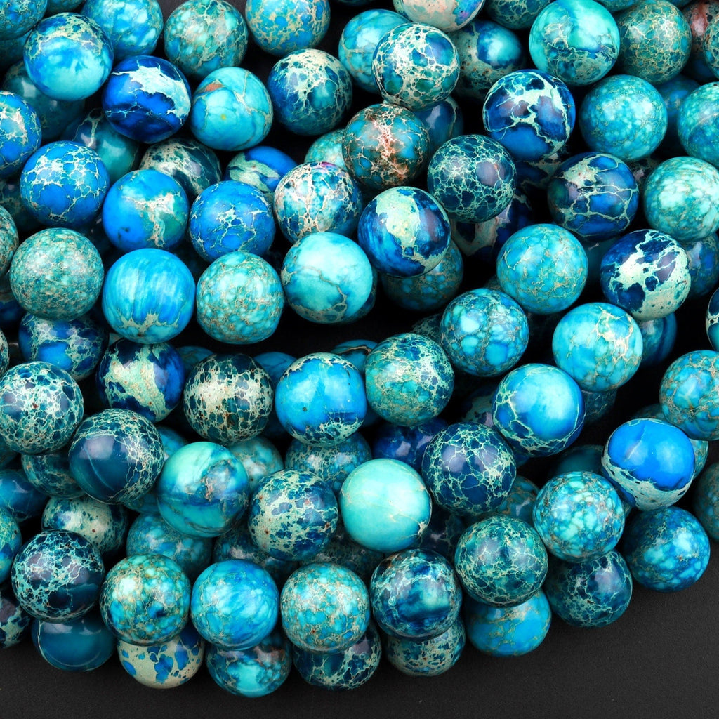 Apatite Blue Sea Sediment Jasper Smooth Round Beads 6mm 8mm 10mm Aka Impression Imperial Jasper 15.5" Strand